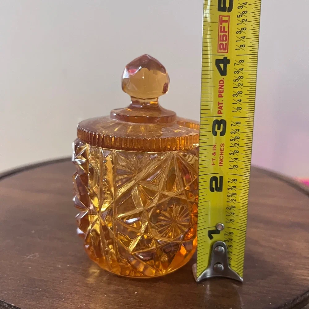 Vtg Westmoreland Amber Glass Jelly Jar Daisy Button Notched Lid MCM Jam Pot 4
